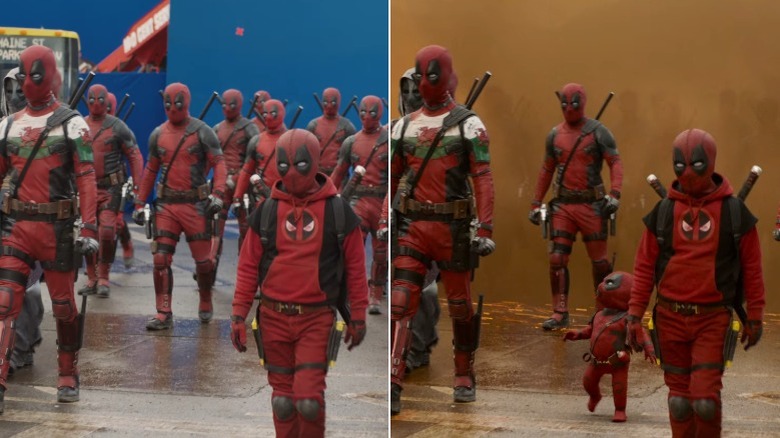 Side-by-side comparison of the Deadpool variants army scene in Deadpool & Wolverine before and after CGI