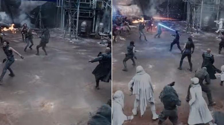 Side-by-side comparison of the battle between the Resistance and Cassandra Nova's goons in Deadpool & Wolverine before and after CGI