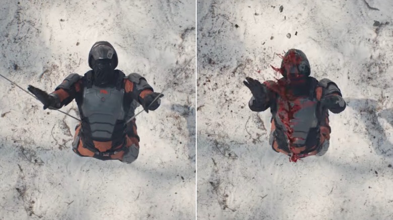 Side-by-side comparison of a stuntman getting thrown backwards in Deadpool & Wolverine before and after CGI