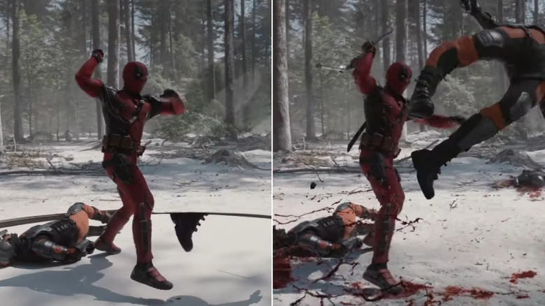 Side-by-side comparison of Deadpool fighting a TVA agent in Deadpool & Wolverine before and after CGI