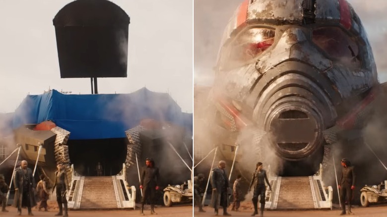 Side-by-side comparison of the giant Ant-Man helmet in Deadpool & Wolverine before and after CGI