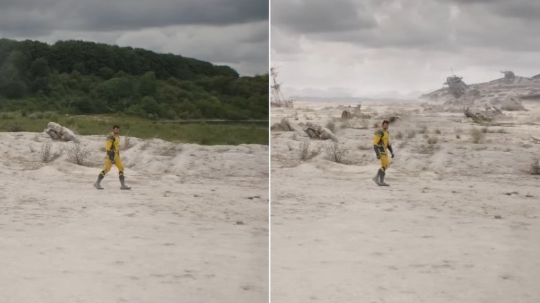 Side-by-side comparison of Hugh Jackman as Wolverine walking through the Void in Deadpool & Wolverine before and after CGI