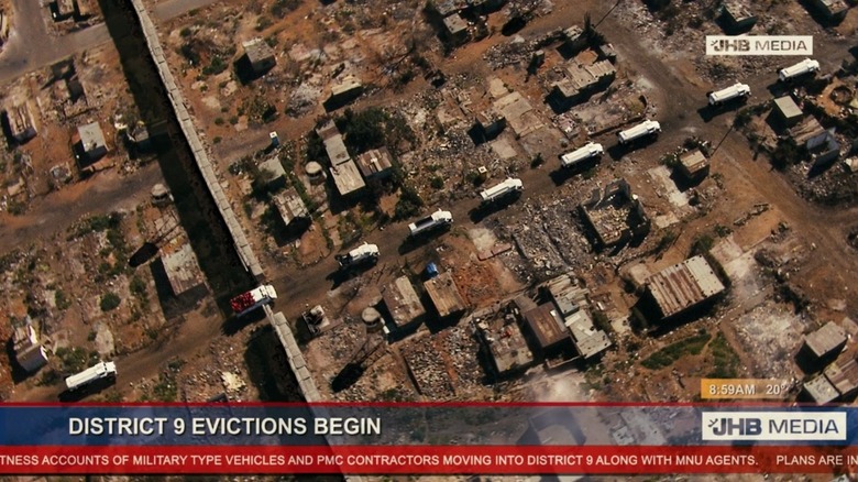 News footage overhead shot of District 9 