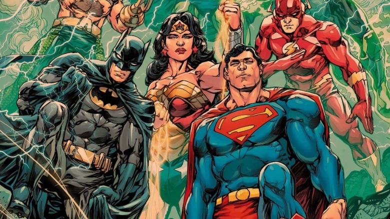 The traditional Justice League members standing together