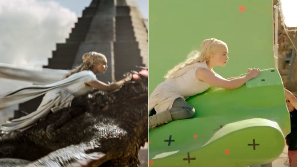 Before and after pics of Dany riding her dragon on Game of Thrones