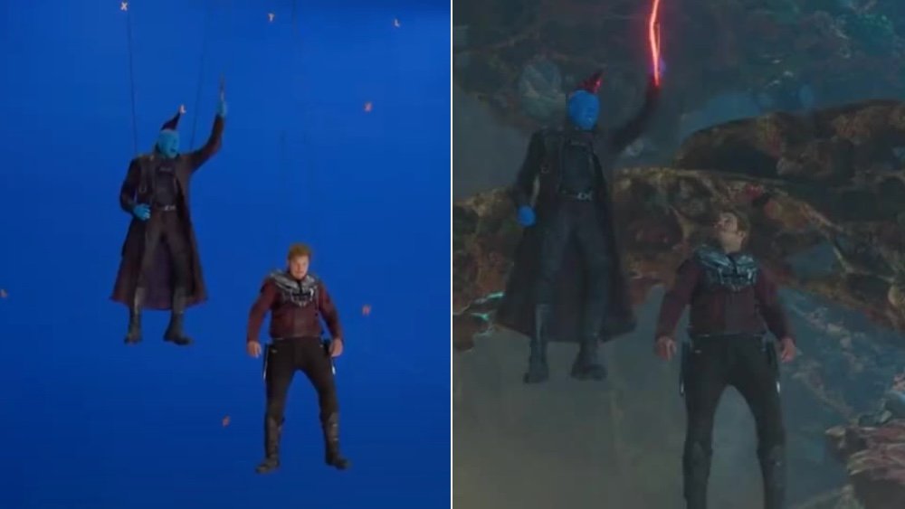 Michael Rooker and Chris Pratt dangling in the famous Mary Poppins moment of Guardians of the Galaxy Vol. 2