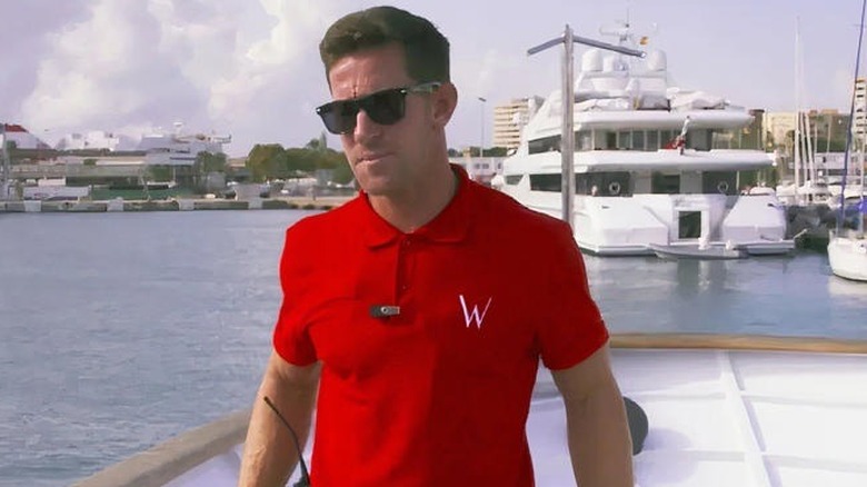 Peter Hunziker in a red shirt and sunglasses on "Below Deck Mediterranean" (2020)