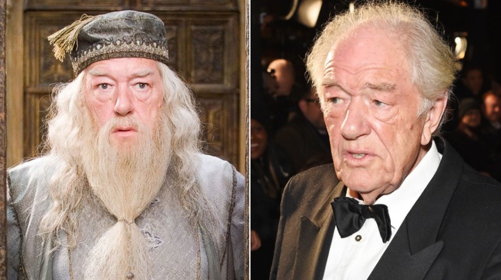 Michael Gambon as Dumbledore (L) and off the set (R)