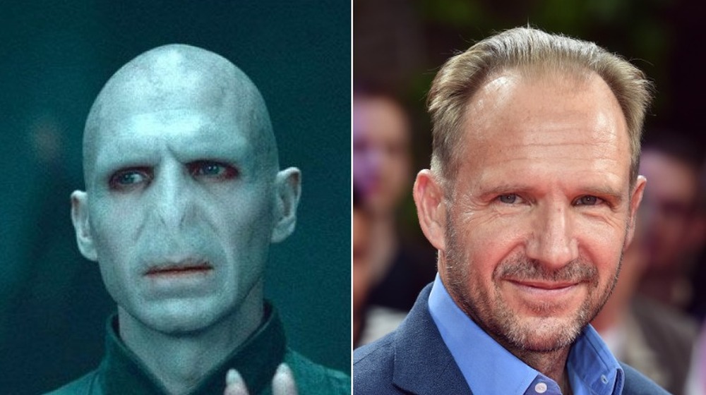 Ralph Fiennes as Voldemort (L) and off the set (R)