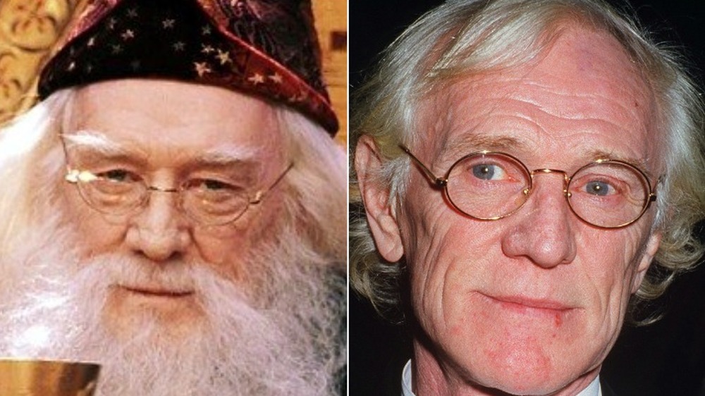 Richard Harris as Dumbledore (L) and off the set (R)