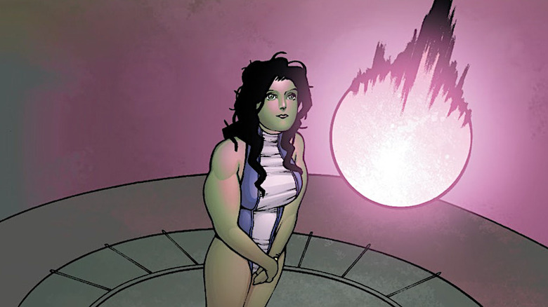 She-Hulk staring at a burst of purple energy