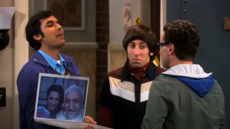 Raj, Howard, and Leonard with Raj's parents on-screen