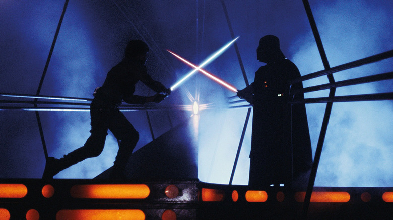 Luke Skywalker and Darth Vader crossing lightsabers