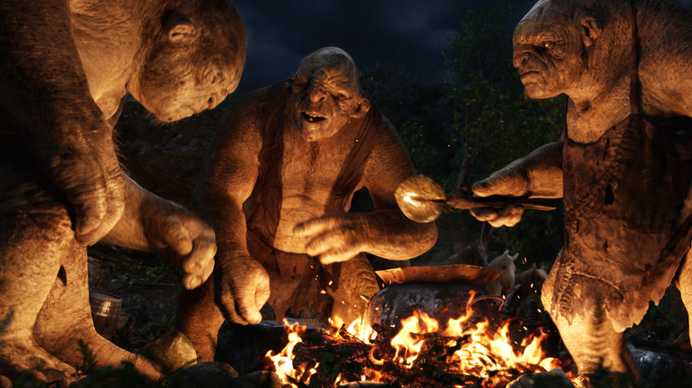 The Hobbit trolls cook dinner over campfire