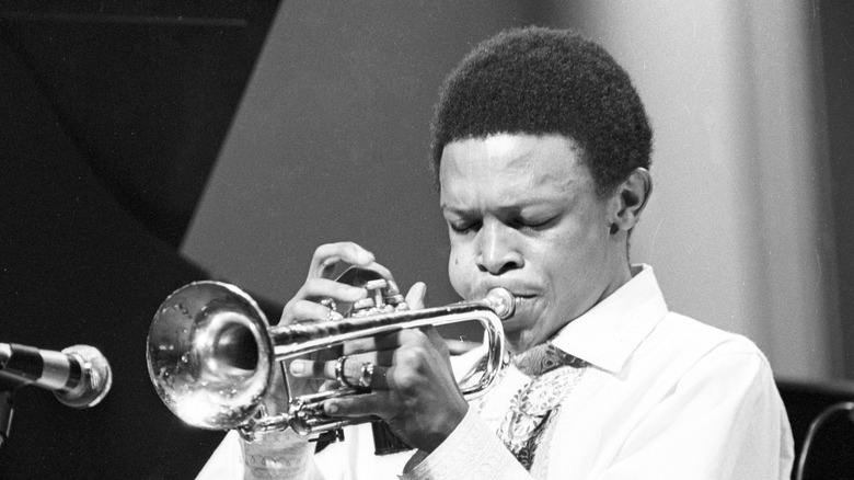 Hugh Masekela blowing his trumpet