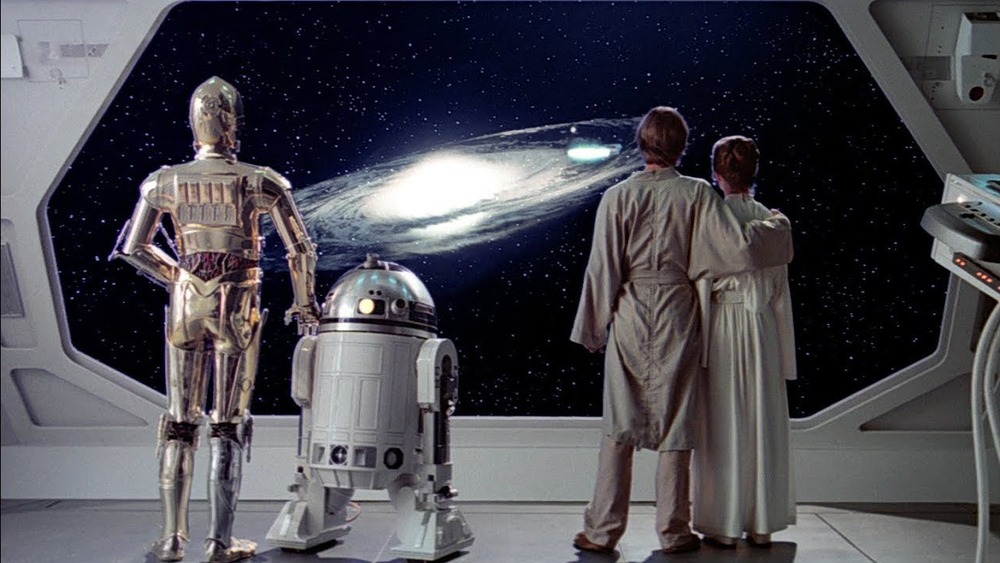 Luke, Leia, C-3P0, and R2-D2 in The Empire Strikes Back