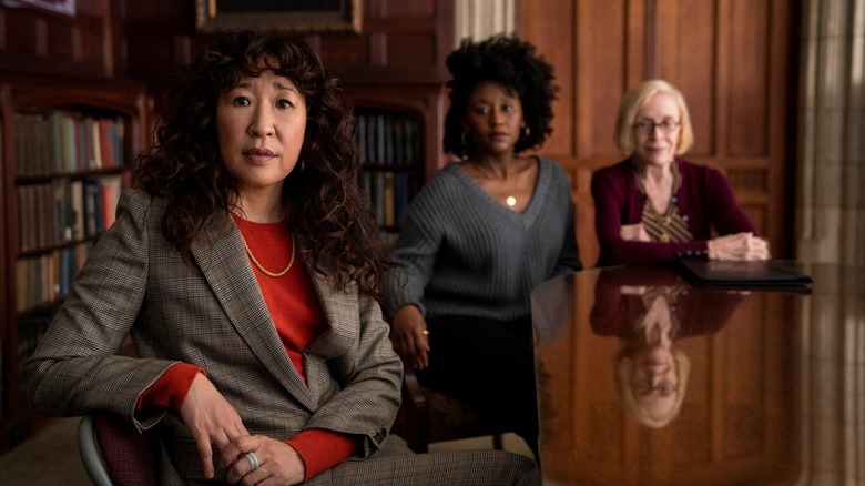 Ji-Yoon, Yaz and Joan sit in meeting