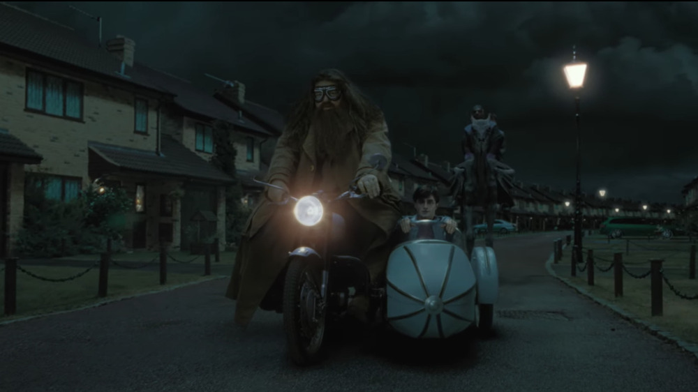 Hagrid and Harry on Motorcycle in Harry Potter and the Deathly Hallows – Part 1