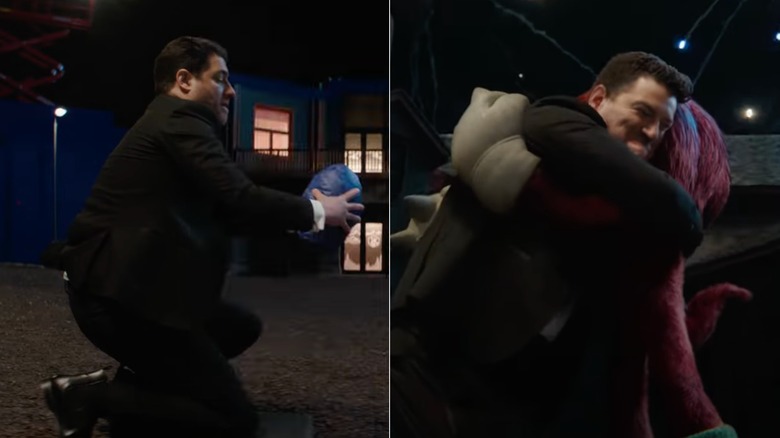 Adam Pally holds a blue stand-in on set for Knuckles; Wade and Knuckles hug in "Knuckles" (2022).