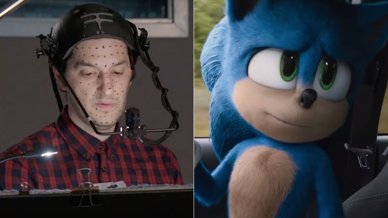 Ben Schwartz records dialogue with motion capture dots; Sonic sits in Tom's car in "Sonic the Hedgehog."