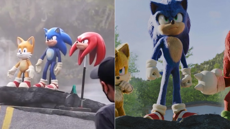 Models of Tails, Sonic, and Knuckles are seen on-set; Tails, Sonic, and Knuckles stand together in "Sonic the Hedgehog 2" (2022).