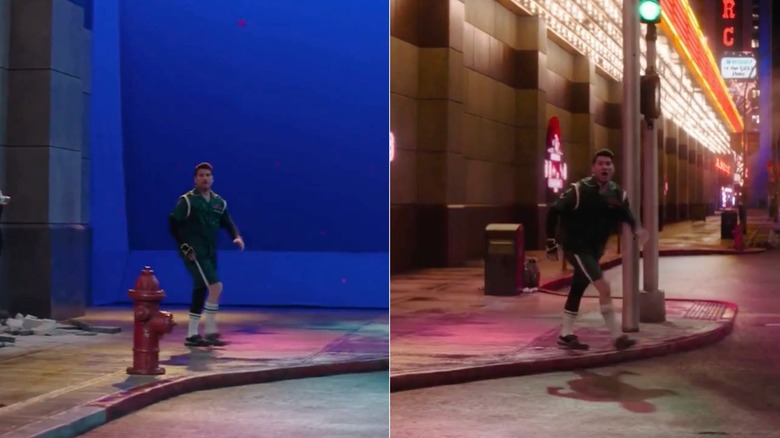 Adam Pally is on a blue screen on set for Knuckles; Wade exits a casino in Reno in "Knuckles" (2024).