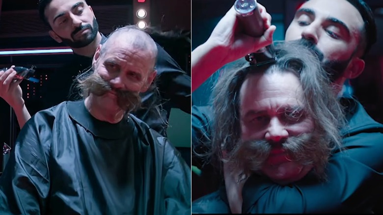 Jim Carrey getting his head shaved by Lee Majdoub on set for Sonic 3; Agent Stone shaving Robotnik in a headlock in Sonic the Hedgehog 3 (2024)