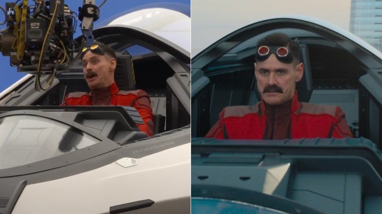 Jim Carrey sits in Robotnik's ship on a blue screen; Robotnik is flying his ship in "Sonic the Hedgehog" (2020).