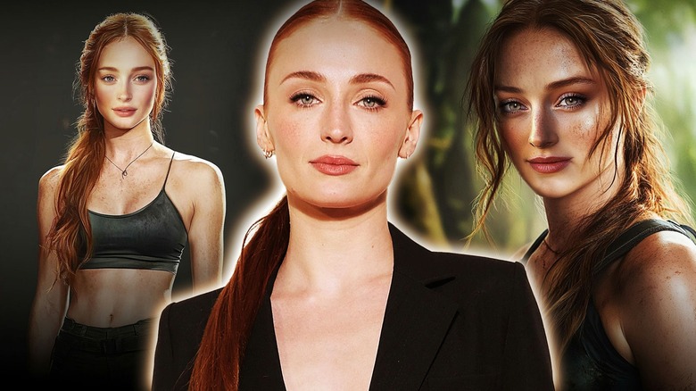 A photo of Sophie Turner and two photos of Lara Croft from 