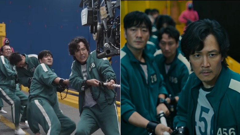 Gi-hun and teammates playing tug-of-war in "Squid Game" (before and after visual effects)