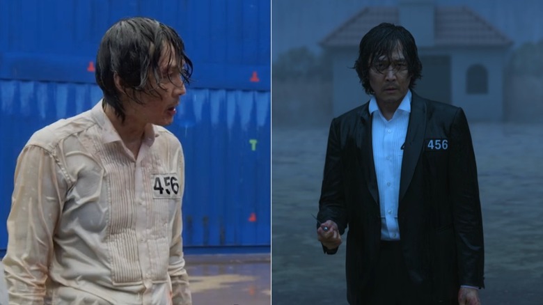 Gi-hun standing soaking wet in a "Squid Game" arena (before and after visual effects)