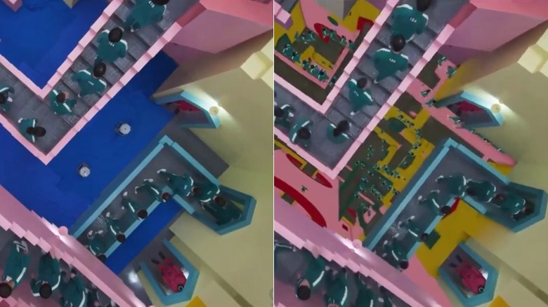 "Squid Game" players walking down a colorful maze of stairs (before and after visual effects)