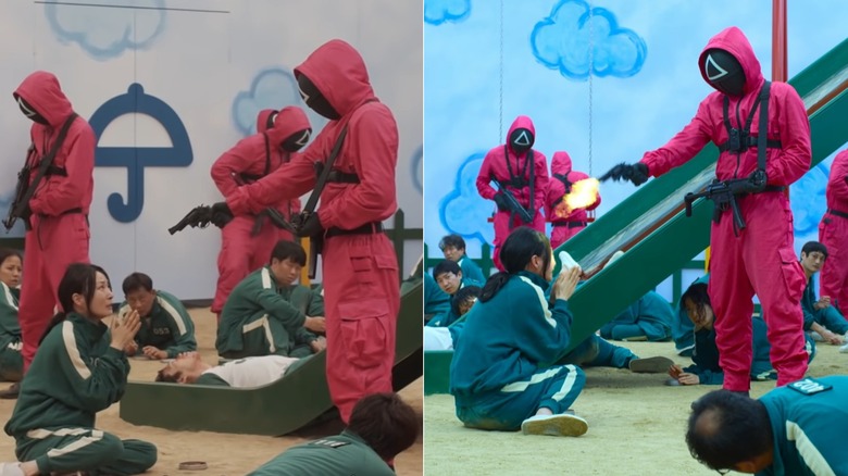 Guard shooting Player 209 on playground in "Squid Game" (before and after visual effects)