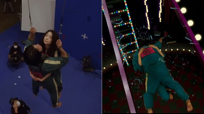 Mi-nyeo and Deok-su falling from the glass bridge in "Squid Game" (before and after visual effects)