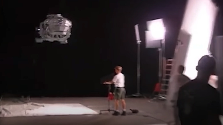 A model starship during filming