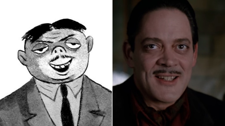 Gomez Addams as a cartoon and as portrayed by Raul Julia