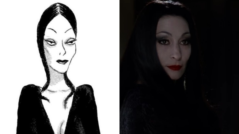 Morticia as a cartoon and as portrayed by Anjelica Huston in "The Addams Family"