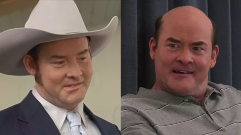 Bill Koechner grinning as Champ Kind in "Anchorman" and Bill Lewis in "The Goldbergs"