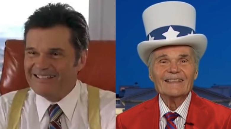 Fred Willard smiling as Ed Harkin in "Anchorman" and as Trump Party Planner on "Jimmy Kimmel Live!"