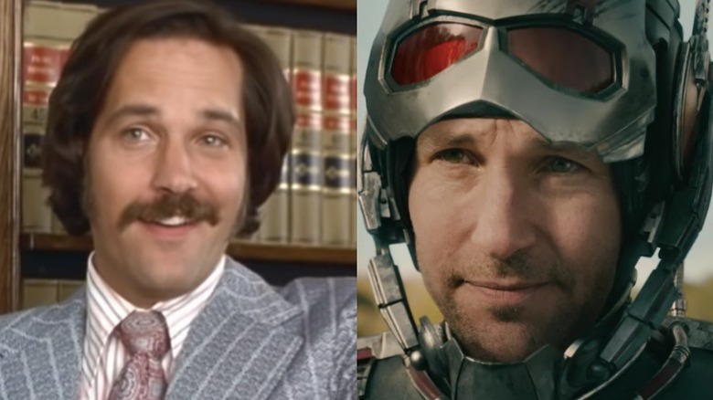 Paul Rudd grining as Brian Fantana in "Anchorman" and wearing his Ant-Man costume in "Ant-Man"