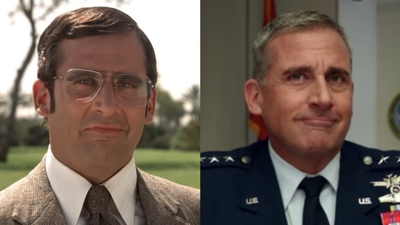 Steve Carell smirking as Brick in "Anchorman" and Gen. Mark R, Naird in "Space Force"