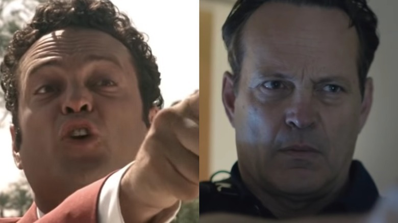 Vince Vaughn pointing a finger Wes Mantooth in "Anchorman" and a gun as Simon Kilmurry in "Queenpins"