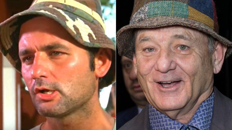 Split image of Carl speaking in close-up and Bill Murray at a red carpet event