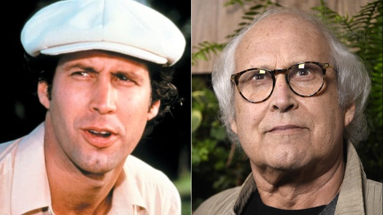 Split image of Ty Webb squinting and Chevy Chase at a red carpet event