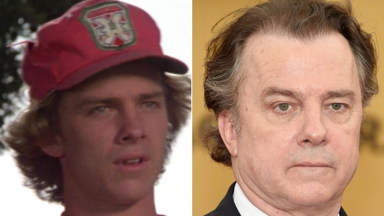 Split image of Danny Noonan looking determined in close-up and Michael O'Keefe at a red carpet event