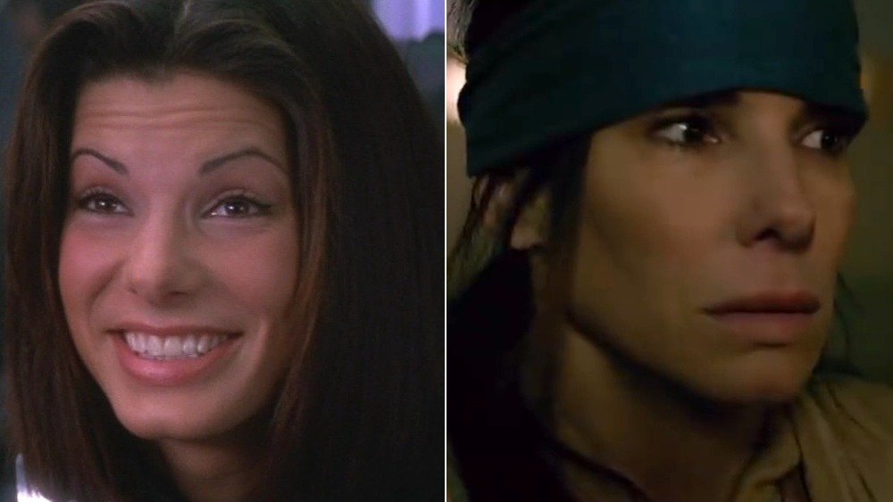 Split image of Sandra Bullock in Demolition Man and in Bird Box