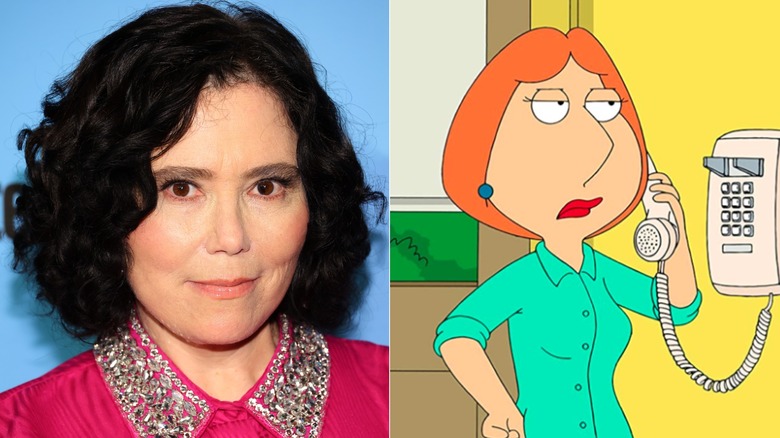 Split image of Alex Borstein and Lois looking upset on the phone in Family Guy