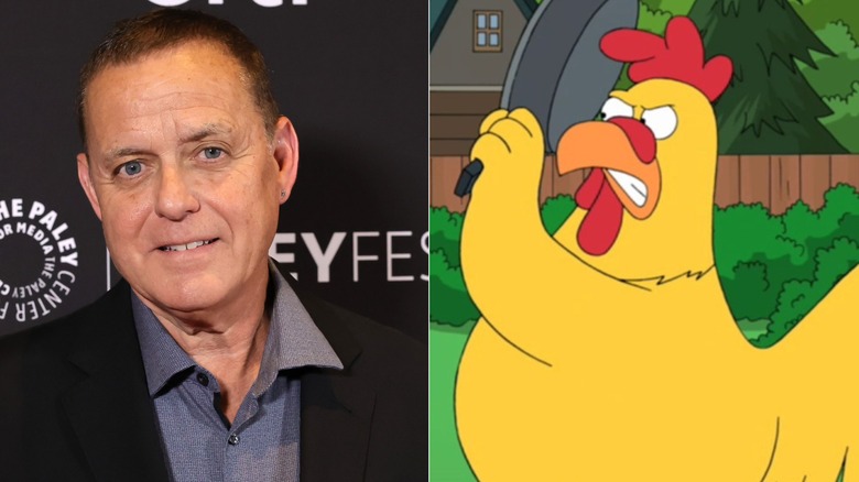 Danny Smith at a Family Guy panel at PaleyFest; Ernie the Giant Chicken swinging a frying pan