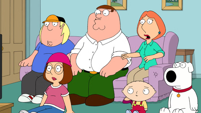 Chris, Meg, Peter, Lois, Stewie, and Brian watching TV in Family Guy