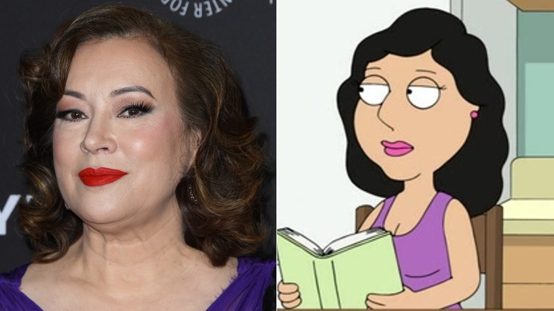 Jennifer Tilly at a Family Guy panel at PaleyFest; Bonnie holding a book in Family Guy